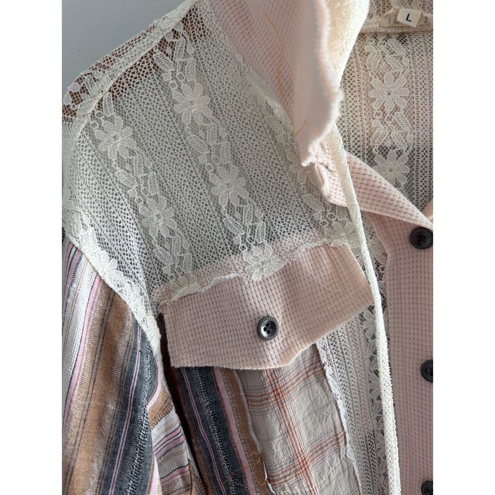 POL Mixed Media Hooded Top Women's Pink Lace Plaid Striped Boho Cottagecore L - Picture 6 of 13